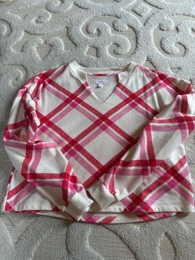 Cream & Pink Plaid V-Neck Sweatshirt Cropped